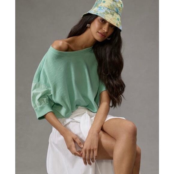 Anthropologie Pilcro Cropped Batwing Sweatshirt Mint Green Retro Style Top Med - Picture 8 of 12